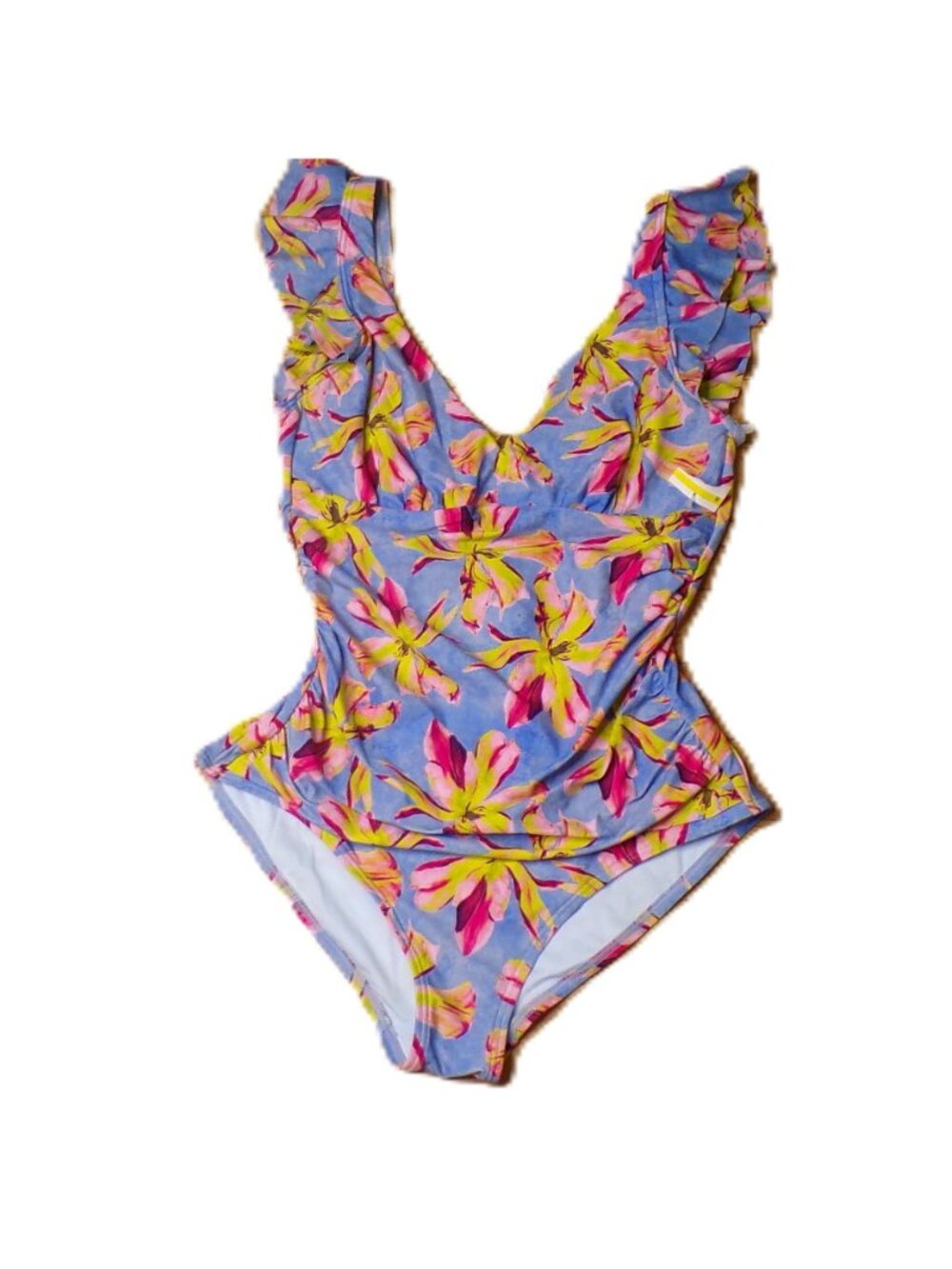 🆕DKNY Ruffle Sleeve Plunge One Piece Swimsuit Calypso Floral Medium - Picture 10 of 13
